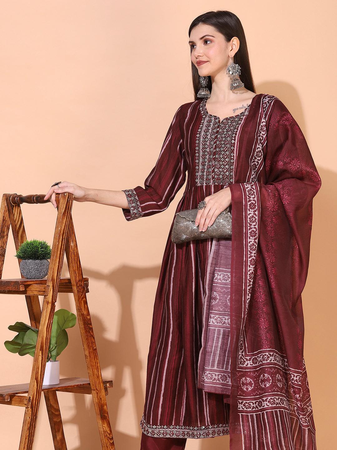 Stripes Printed & Embroidered A-Line Kurta with Pants & Dupatta - Burgundy - Indiakreations