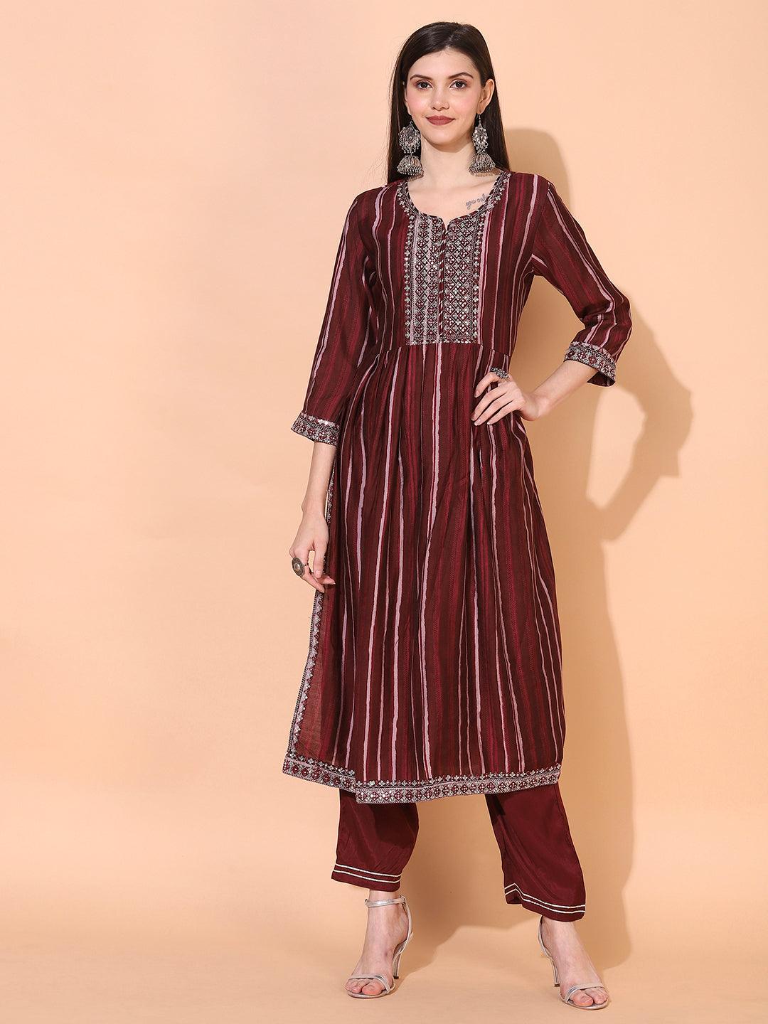 Stripes Printed & Embroidered A-Line Kurta with Pants & Dupatta - Burgundy - Indiakreations