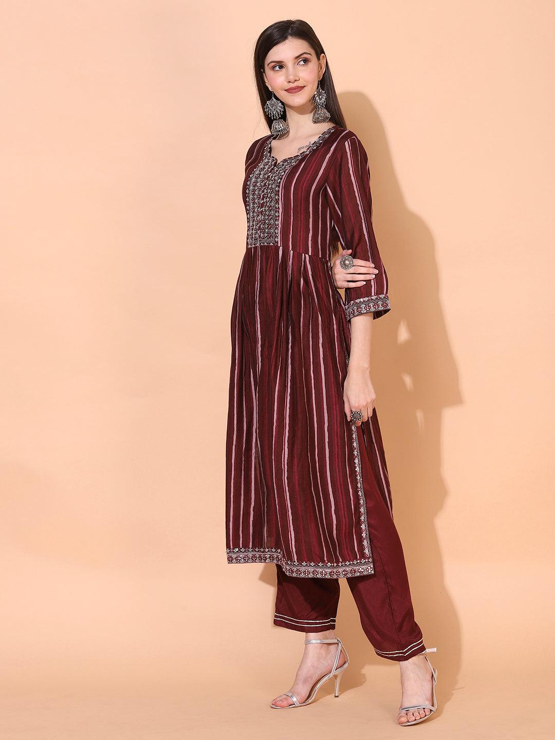 Stripes Printed & Embroidered A-Line Kurta with Pants & Dupatta - Burgundy - Indiakreations