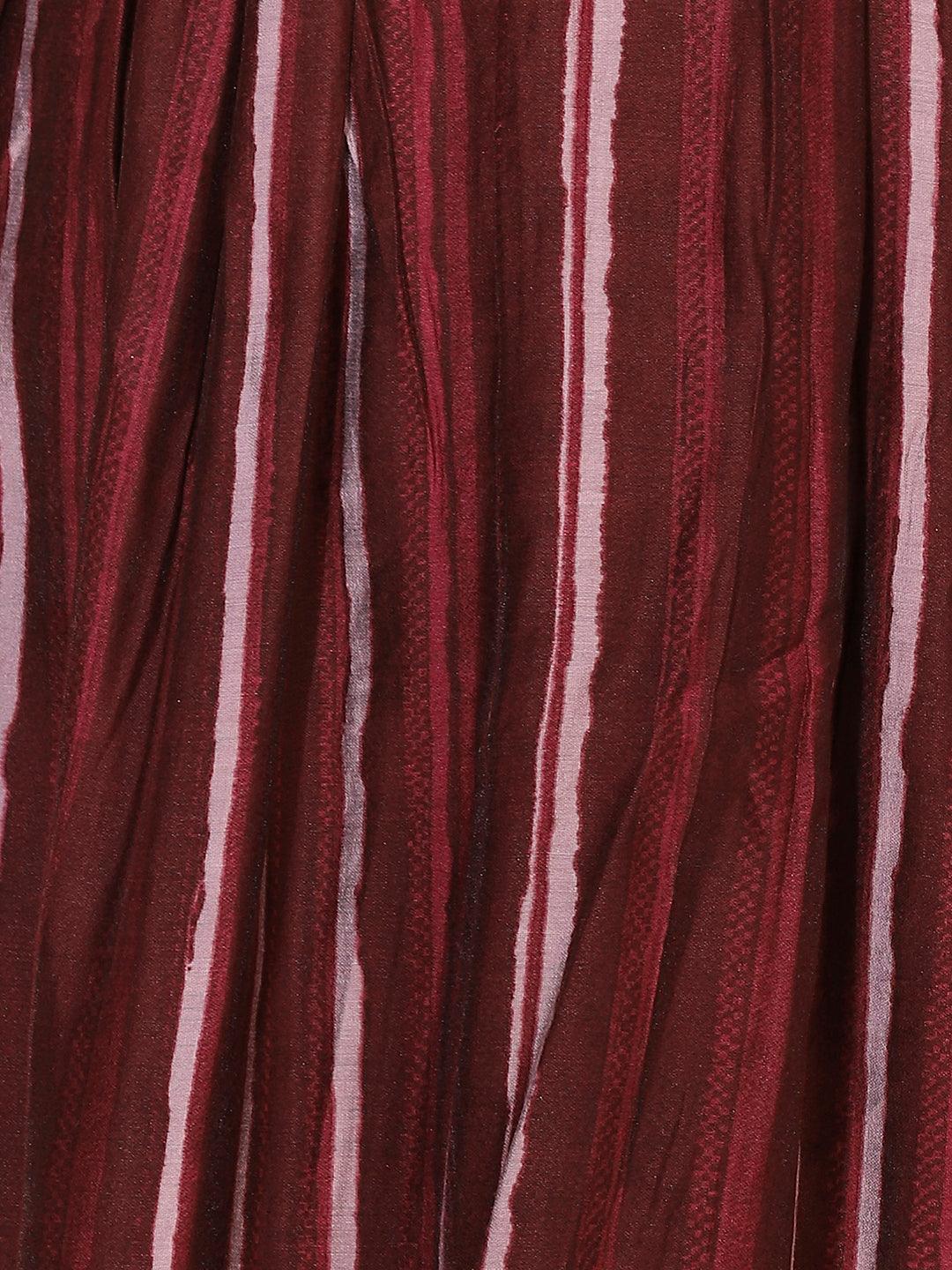 Stripes Printed & Embroidered A-Line Kurta with Pants & Dupatta - Burgundy - Indiakreations