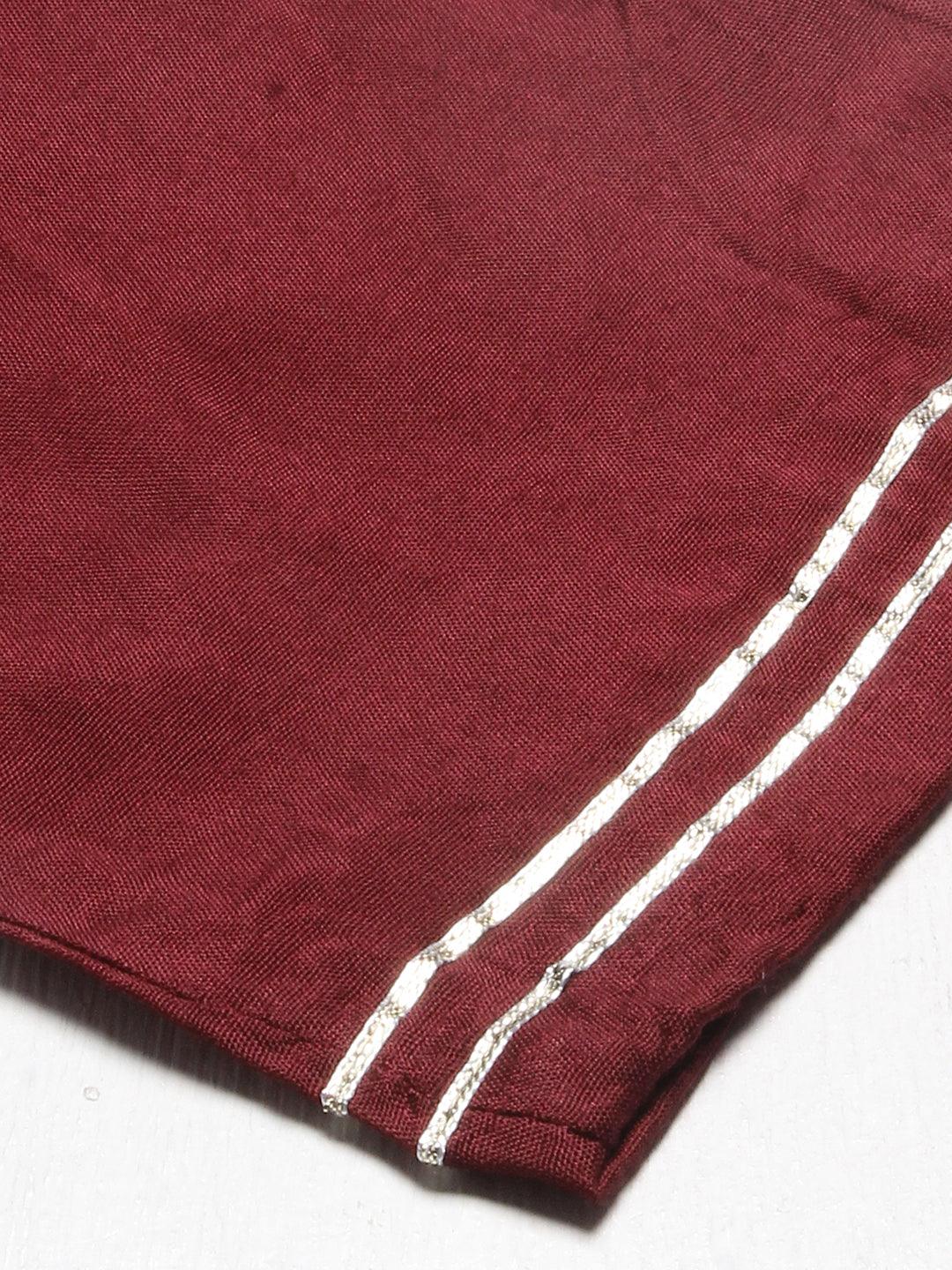 Stripes Printed & Embroidered A-Line Kurta with Pants & Dupatta - Burgundy - Indiakreations