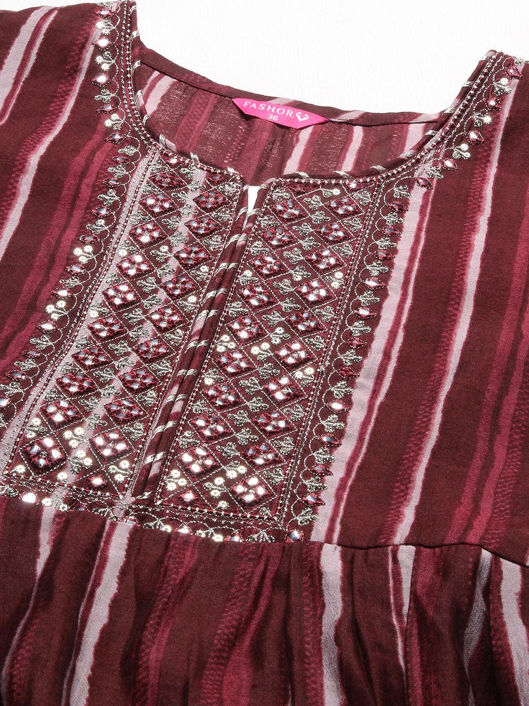 Stripes Printed & Embroidered A-Line Kurta with Pants & Dupatta - Burgundy - Indiakreations