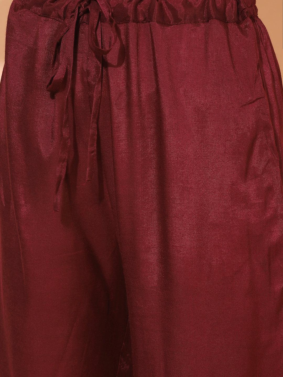 Stripes Printed & Embroidered A-Line Kurta with Pants & Dupatta - Burgundy - Indiakreations