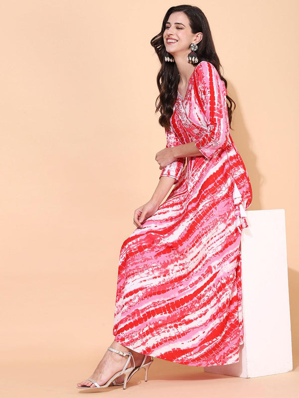 Tie-Dye Printed & Embroidered Flared Maxi Dress - Red - Indiakreations