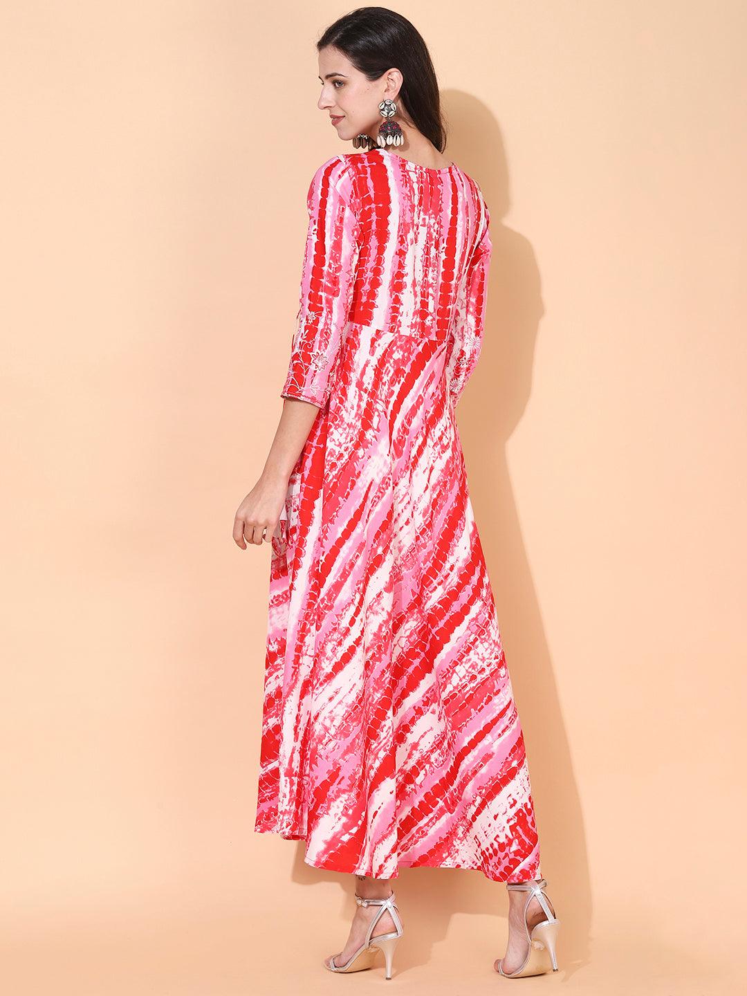 Tie-Dye Printed & Embroidered Flared Maxi Dress - Red - Indiakreations