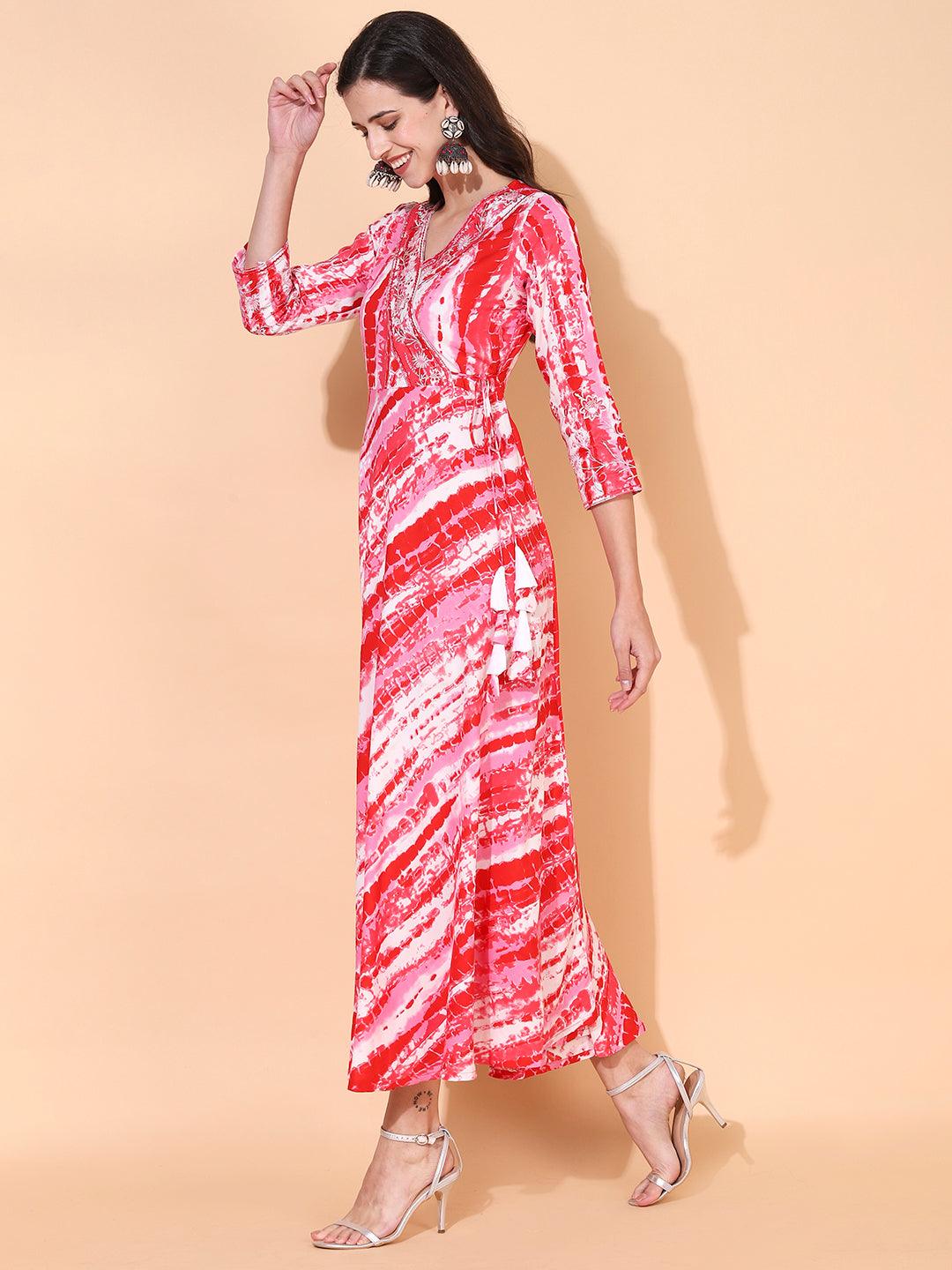 Tie-Dye Printed & Embroidered Flared Maxi Dress - Red - Indiakreations