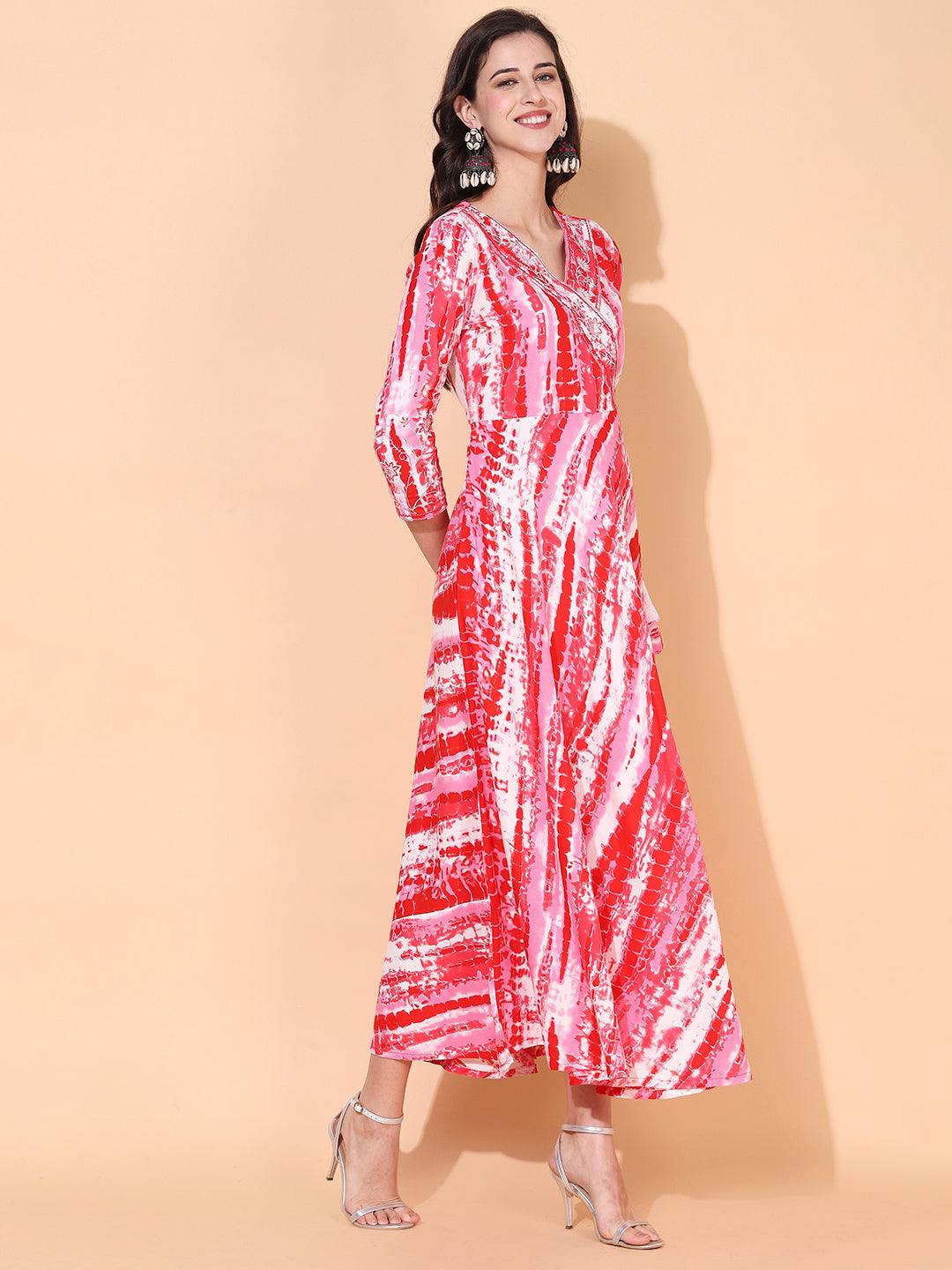 Tie-Dye Printed & Embroidered Flared Maxi Dress - Red - Indiakreations