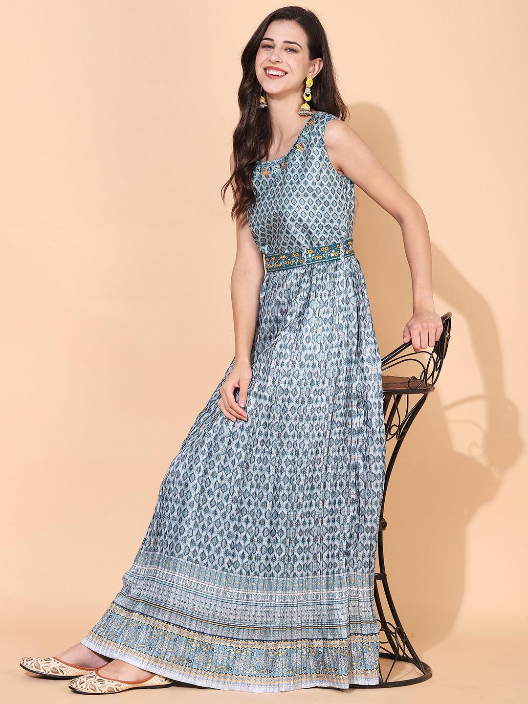 Ethnic Printed & Embroidered Flared Maxi Dress - Mint Green - Indiakreations