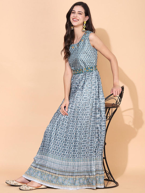 Ethnic Printed & Embroidered Flared Maxi Dress - Mint Green - Indiakreations