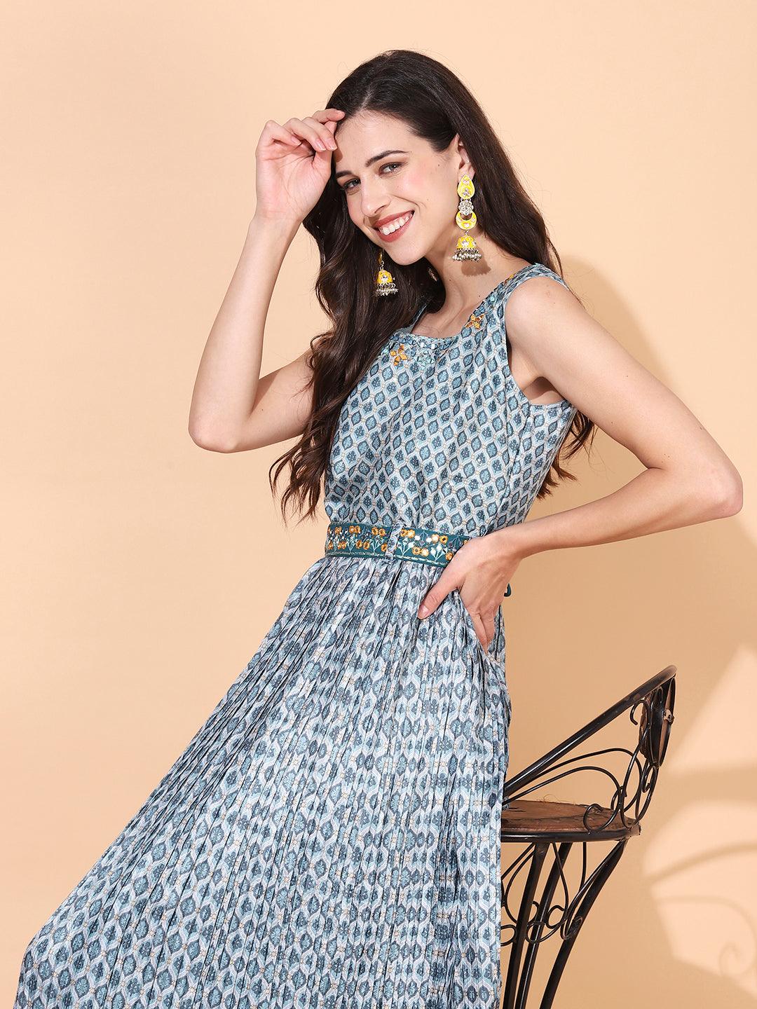 Ethnic Printed & Embroidered Flared Maxi Dress - Mint Green - Indiakreations