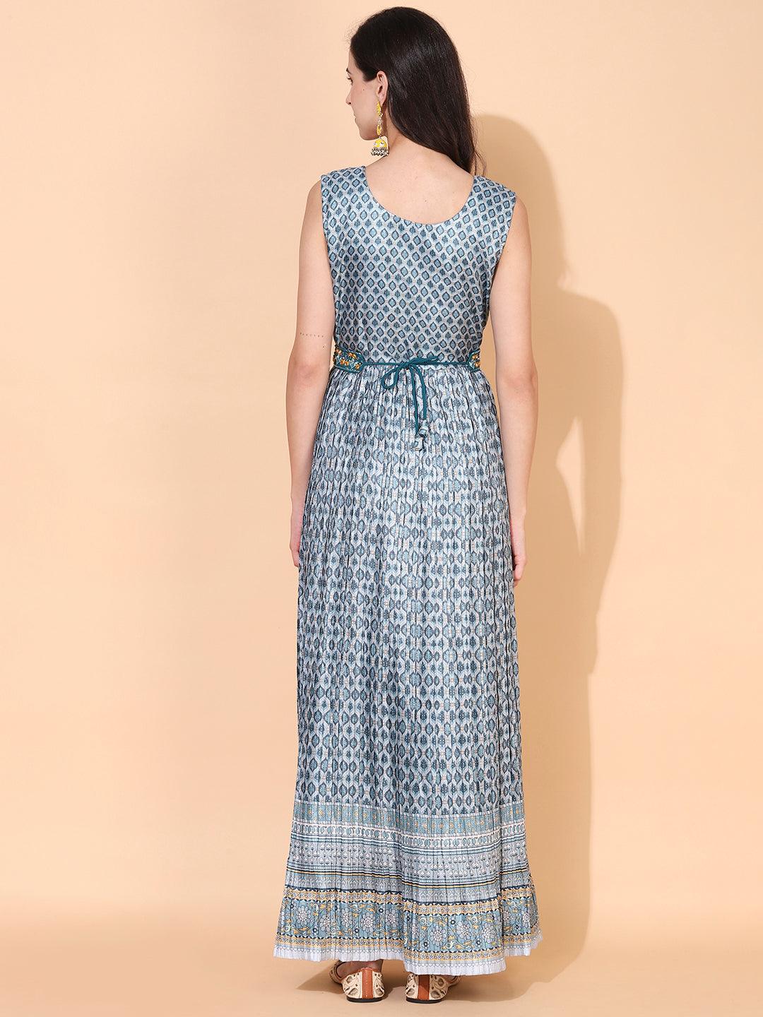 Ethnic Printed & Embroidered Flared Maxi Dress - Mint Green - Indiakreations