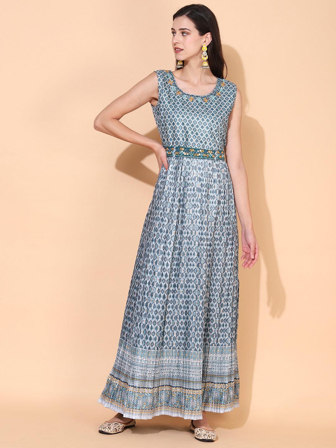 Ethnic Printed & Embroidered Flared Maxi Dress - Mint Green - Indiakreations