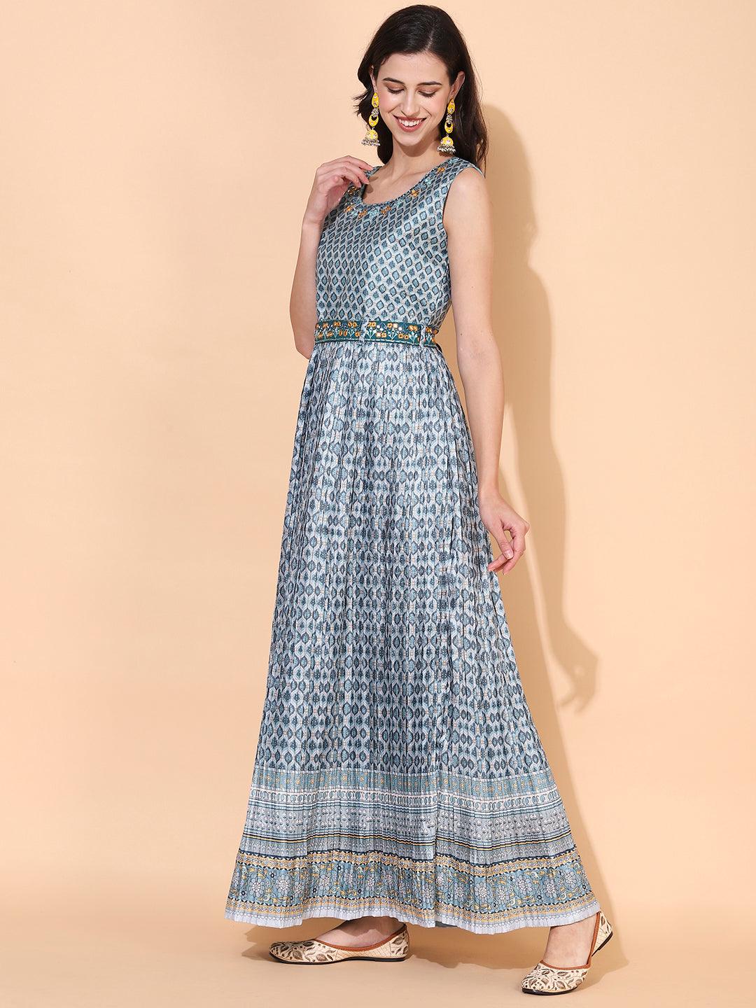 Ethnic Printed & Embroidered Flared Maxi Dress - Mint Green - Indiakreations