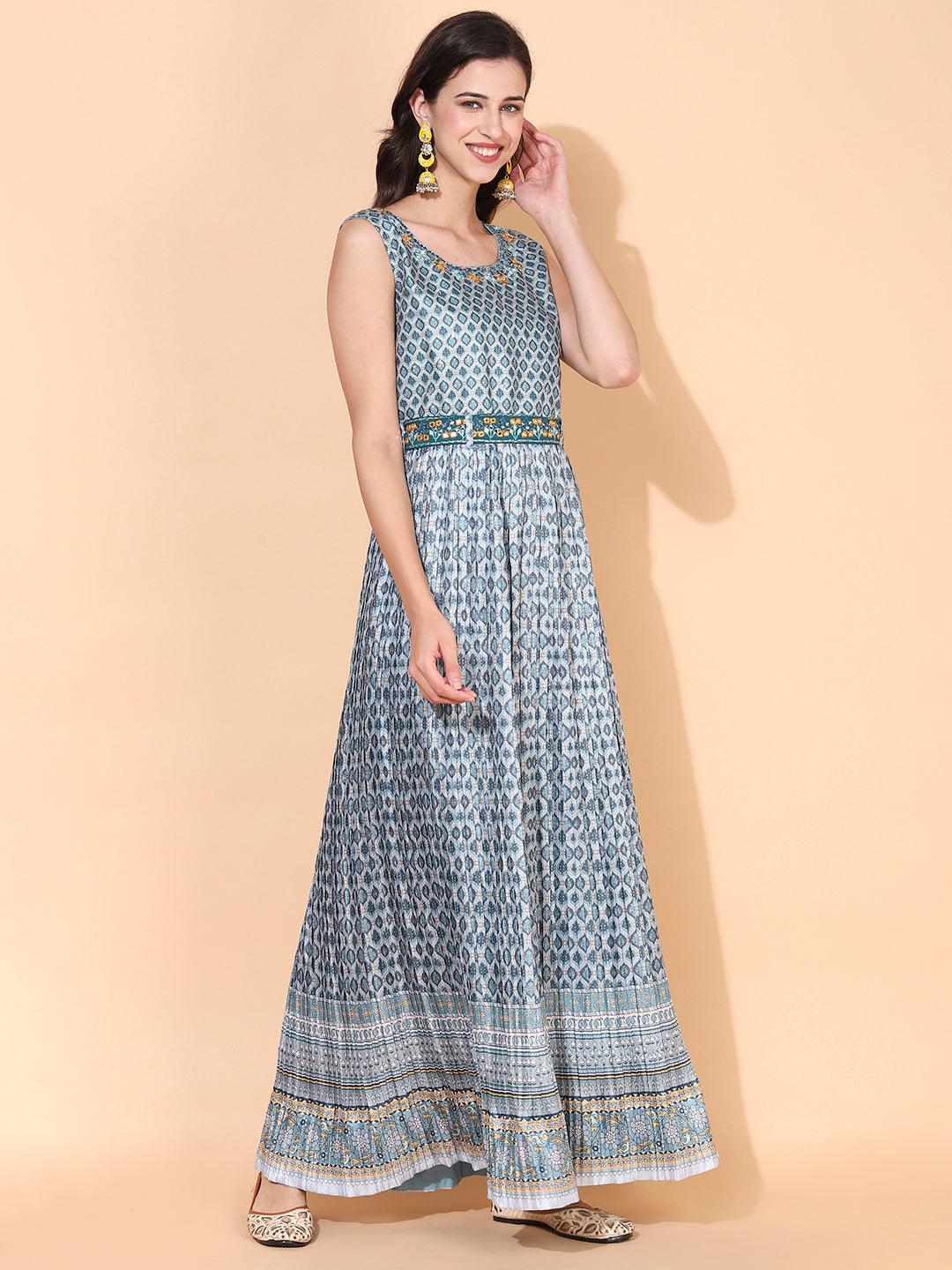 Ethnic Printed & Embroidered Flared Maxi Dress - Mint Green - Indiakreations