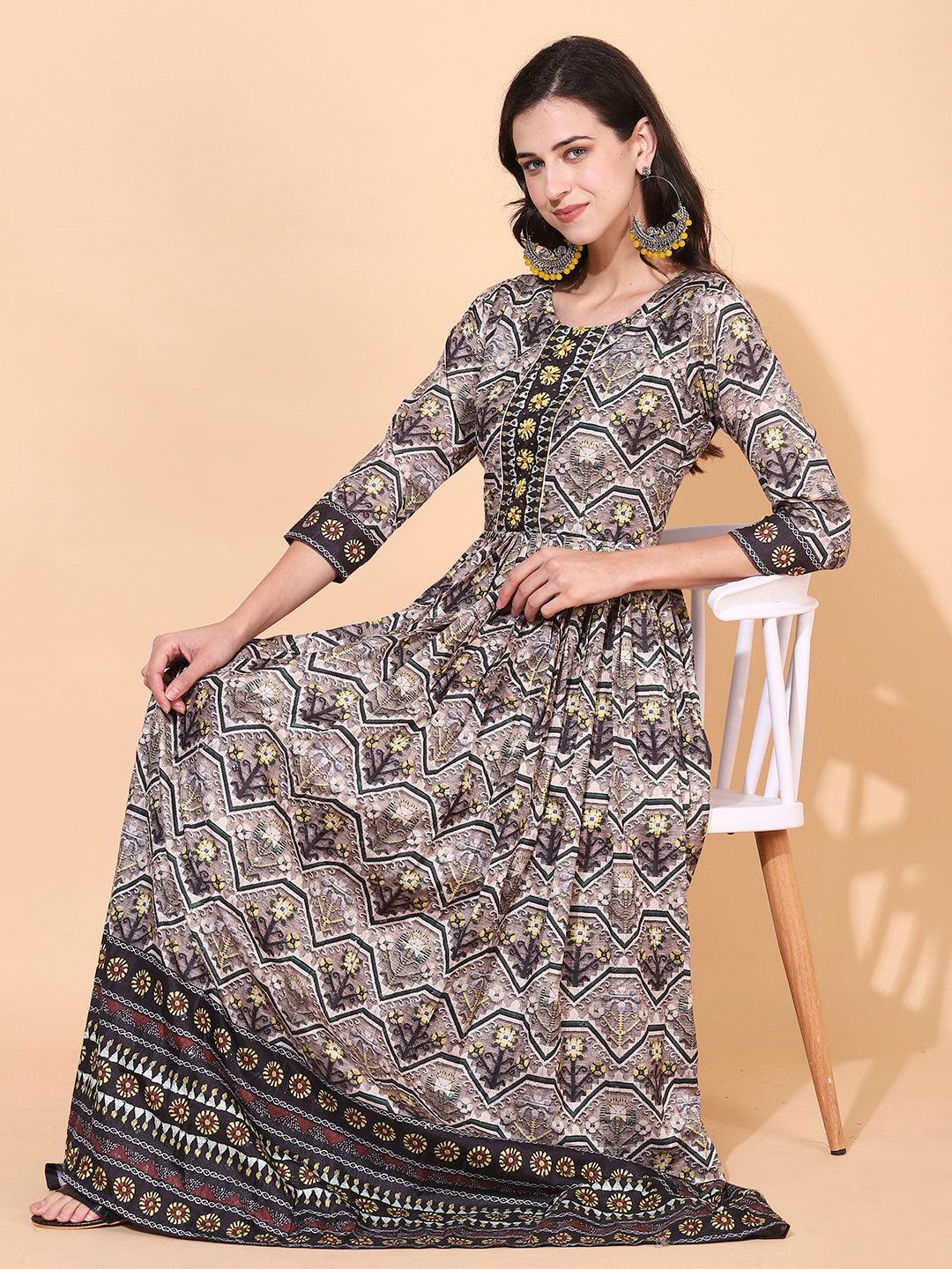 Ethnic Printed & Hand Embroidered Flared Maxi Dress - Multi - Indiakreations