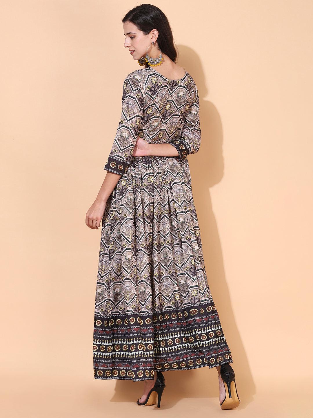 Ethnic Printed & Hand Embroidered Flared Maxi Dress - Multi - Indiakreations