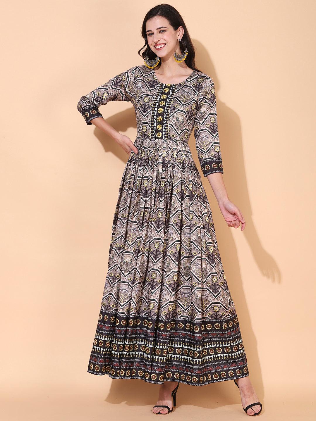 Ethnic Printed & Hand Embroidered Flared Maxi Dress - Multi - Indiakreations