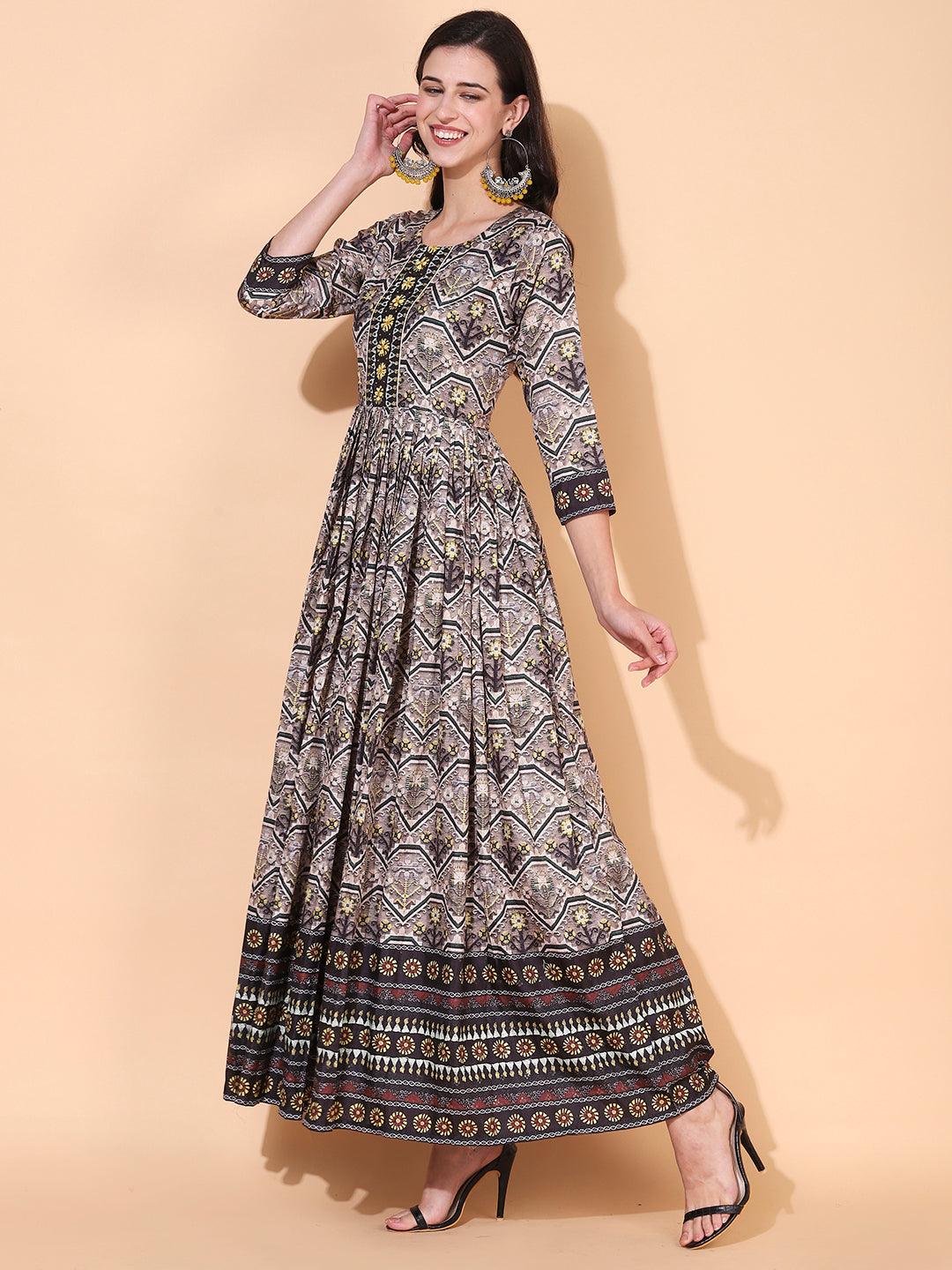 Ethnic Printed & Hand Embroidered Flared Maxi Dress - Multi - Indiakreations