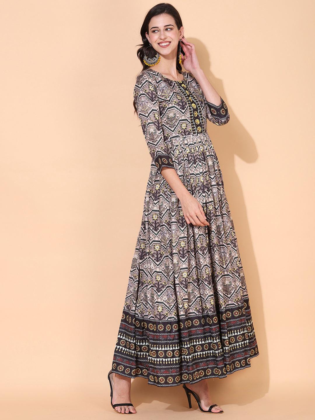 Ethnic Printed & Hand Embroidered Flared Maxi Dress - Multi - Indiakreations