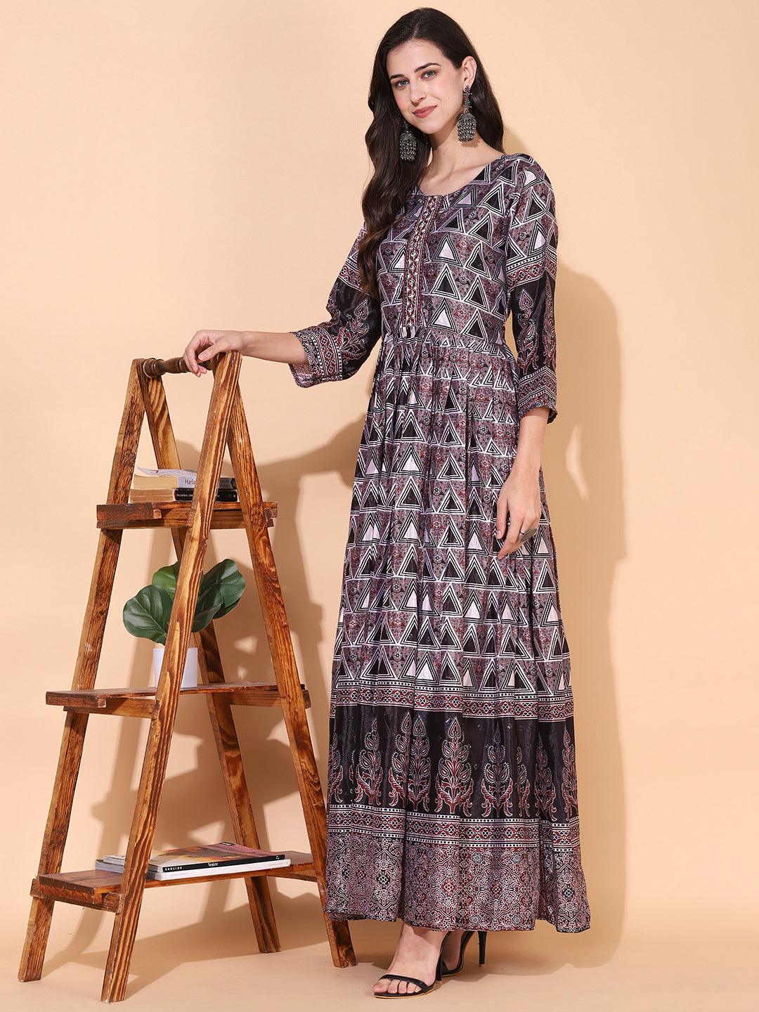 Ethnic Printed & Hand Embroidered Flared Maxi Dress - Multi - Indiakreations