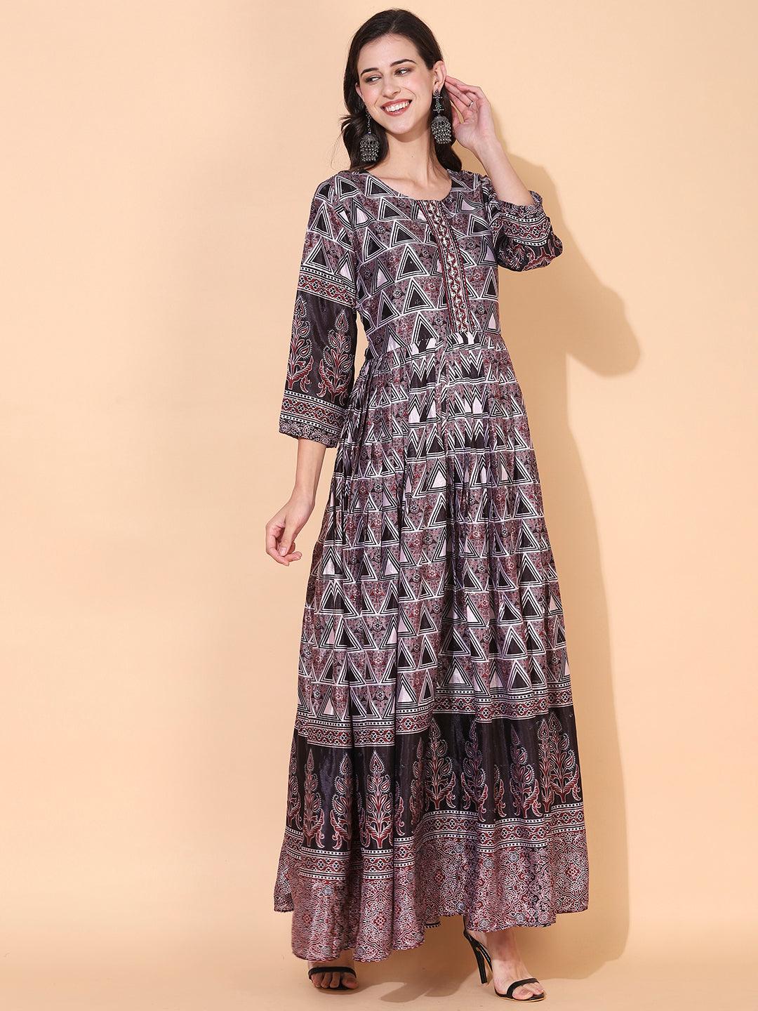 Ethnic Printed & Hand Embroidered Flared Maxi Dress - Multi - Indiakreations