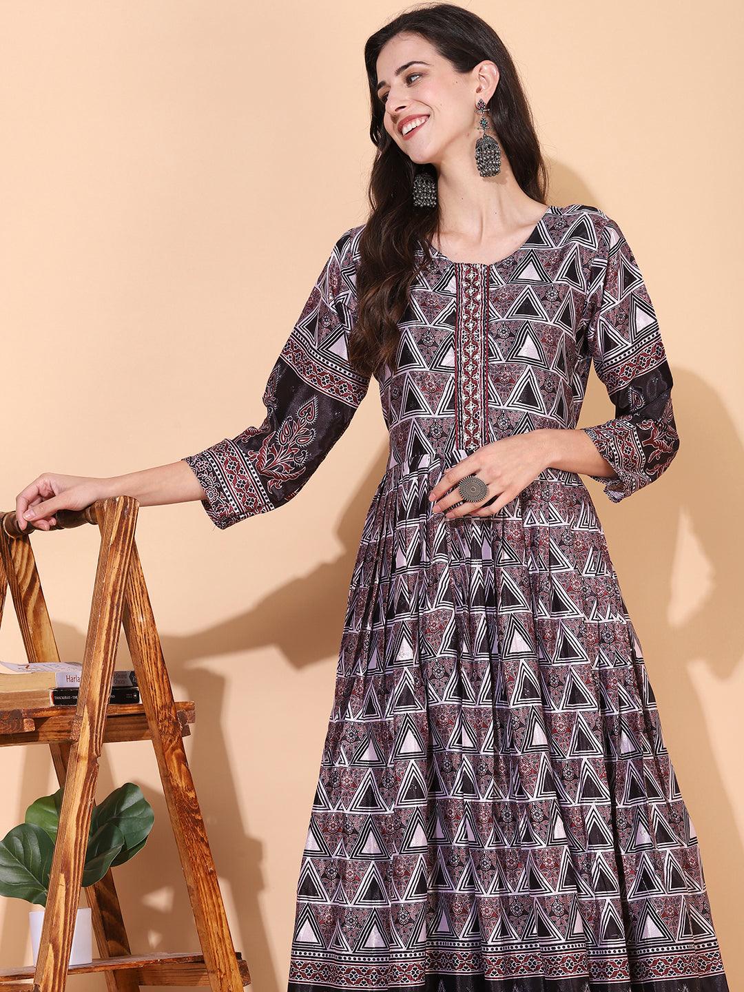 Ethnic Printed & Hand Embroidered Flared Maxi Dress - Multi - Indiakreations