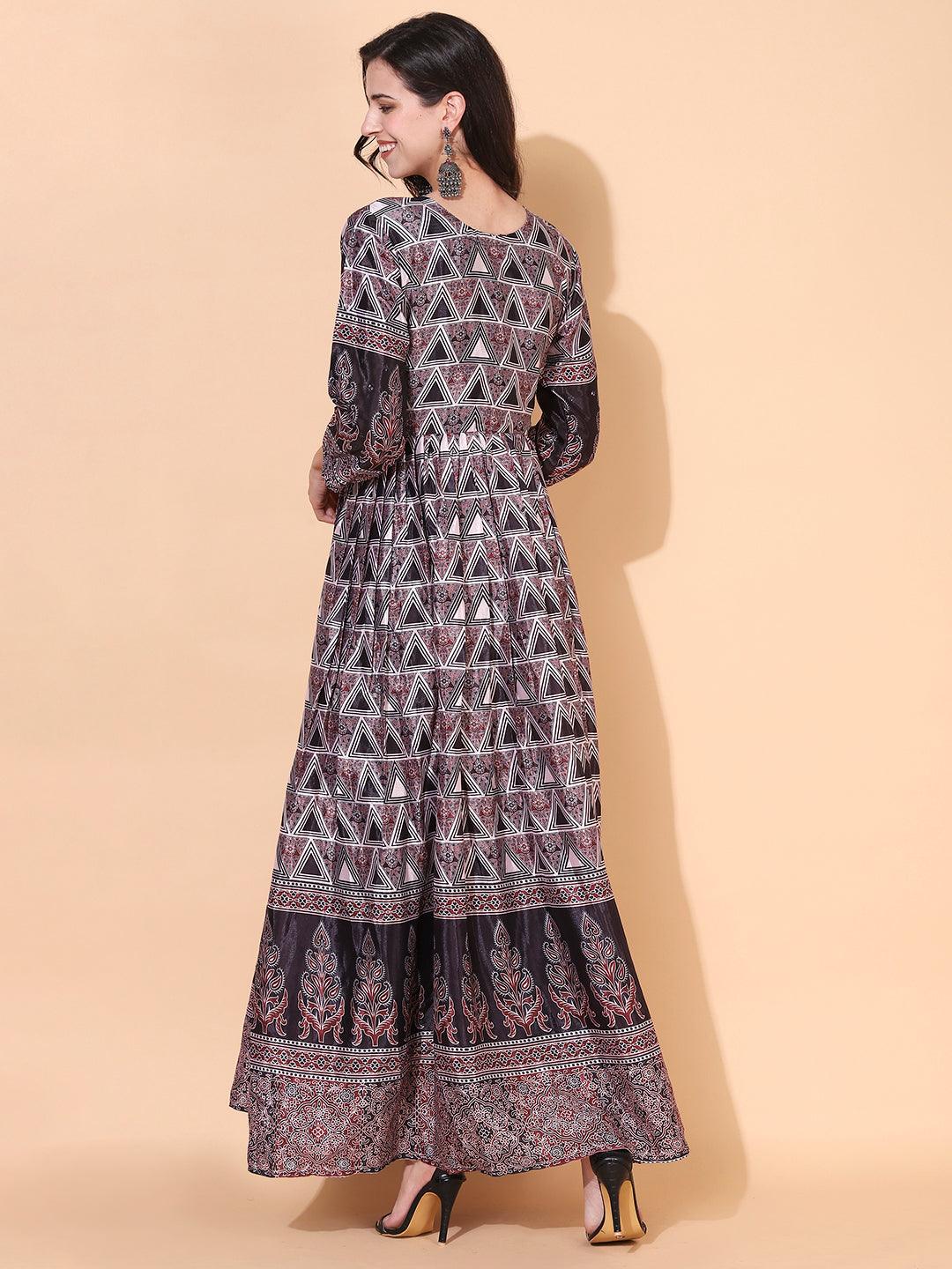 Ethnic Printed & Hand Embroidered Flared Maxi Dress - Multi - Indiakreations