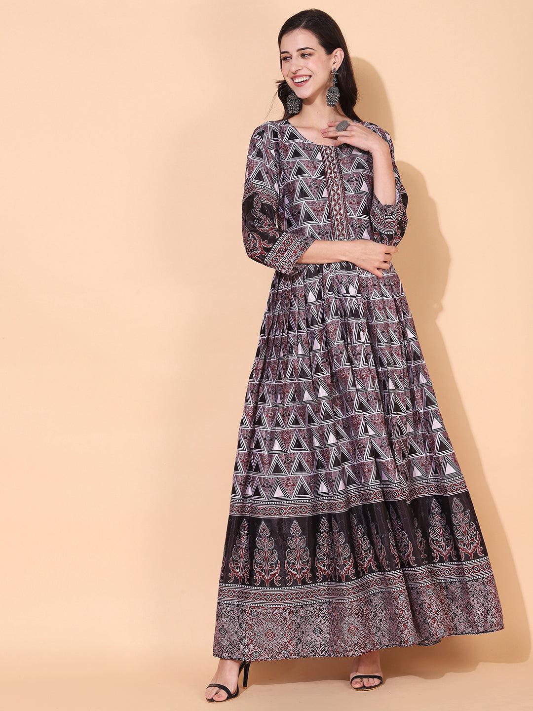 Ethnic Printed & Hand Embroidered Flared Maxi Dress - Multi - Indiakreations