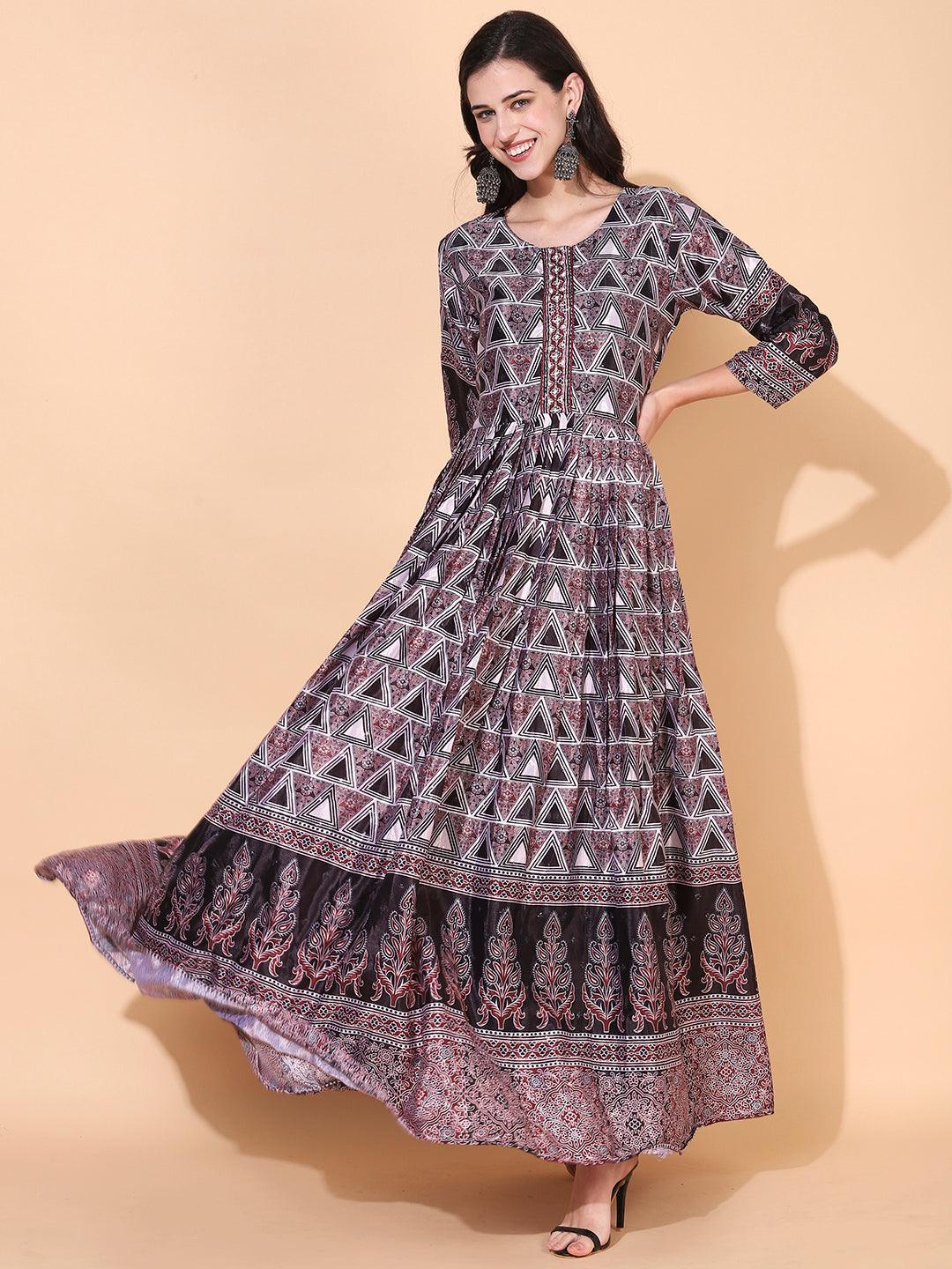 Ethnic Printed & Hand Embroidered Flared Maxi Dress - Multi - Indiakreations