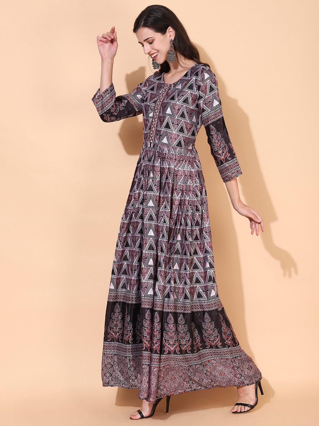 Ethnic Printed & Hand Embroidered Flared Maxi Dress - Multi - Indiakreations