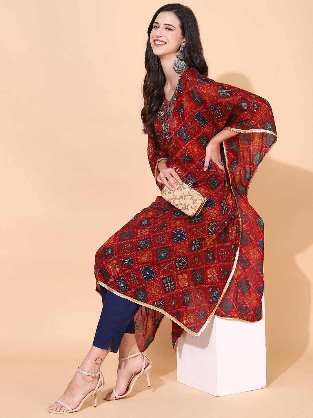 Ethnic Printed & Hand Embroidered Kaftan Midi Dress - Maroon - Indiakreations