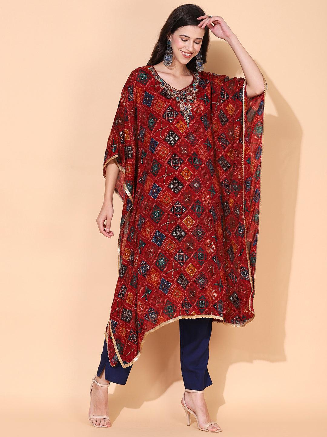 Ethnic Printed & Hand Embroidered Kaftan Midi Dress - Maroon - Indiakreations