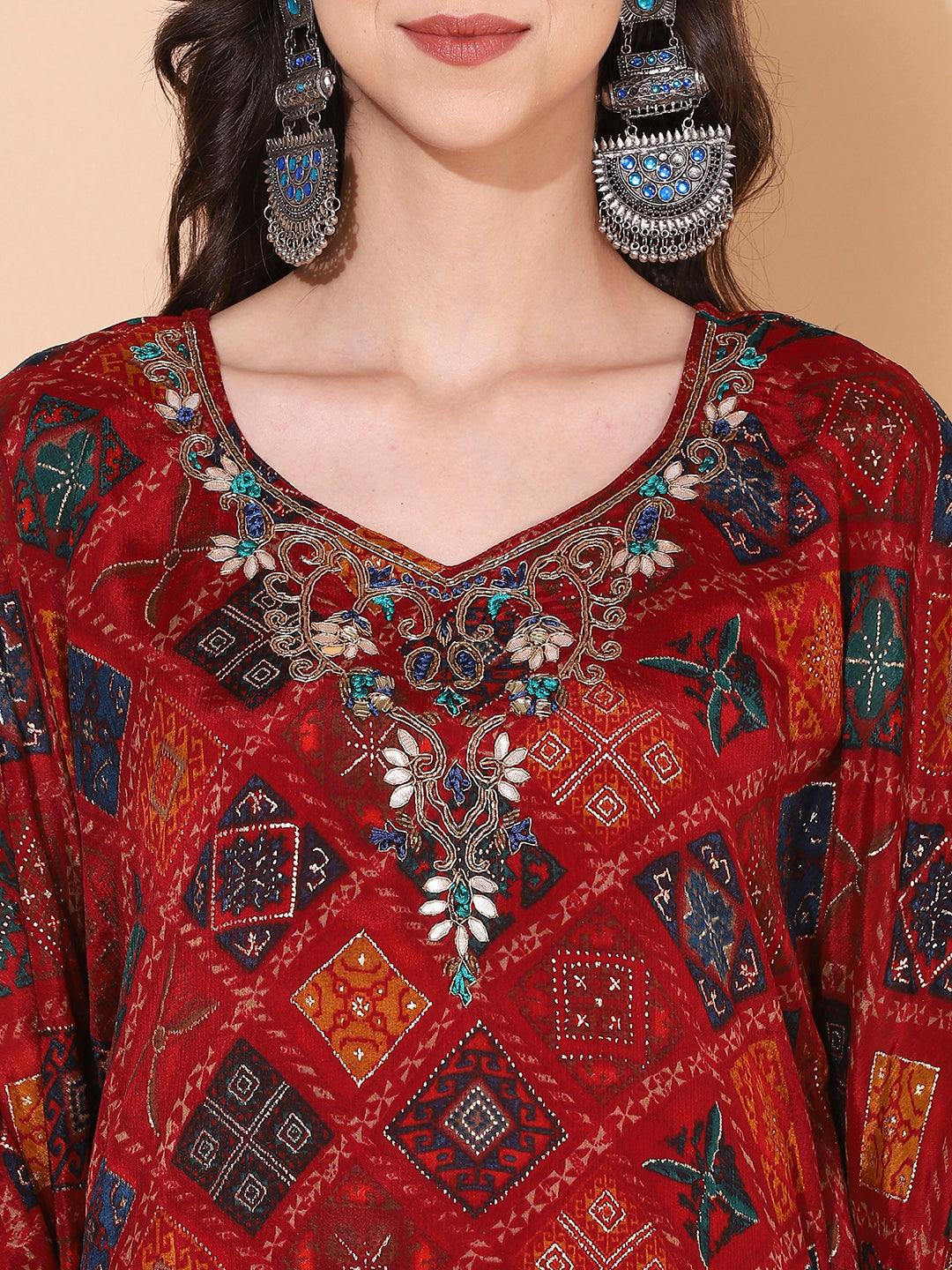 Ethnic Printed & Hand Embroidered Kaftan Midi Dress - Maroon - Indiakreations