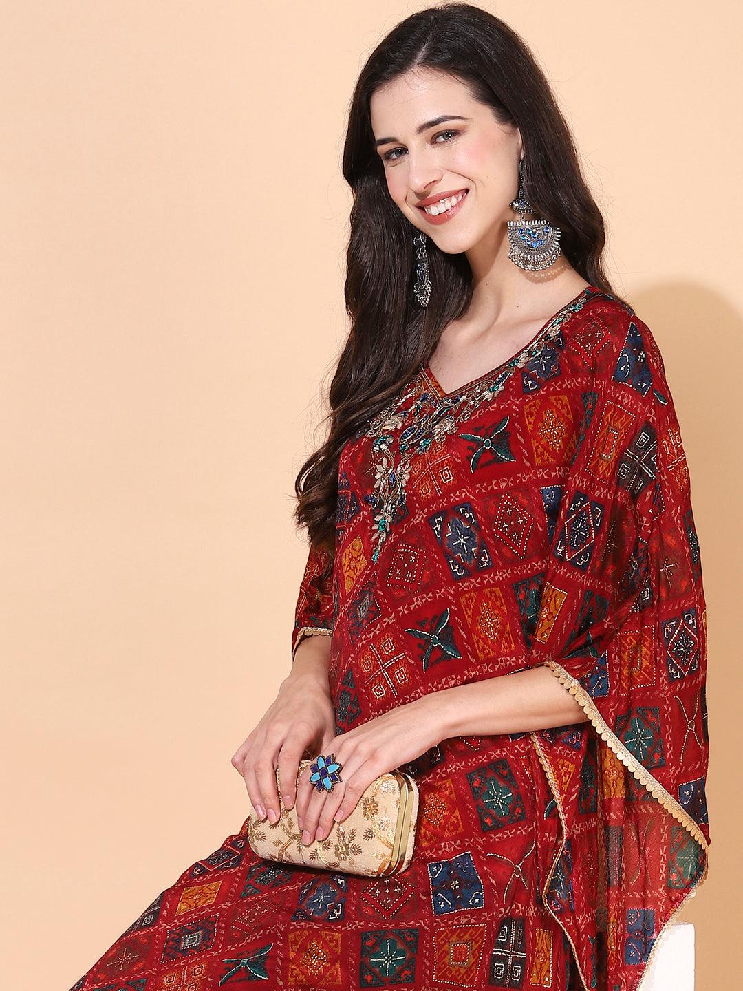 Ethnic Printed & Hand Embroidered Kaftan Midi Dress - Maroon - Indiakreations