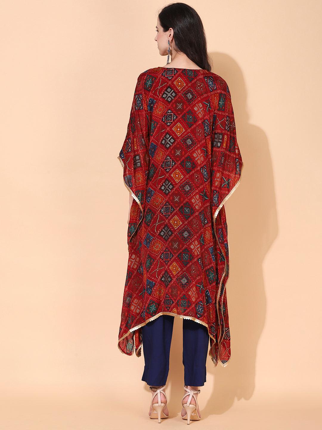 Ethnic Printed & Hand Embroidered Kaftan Midi Dress - Maroon - Indiakreations