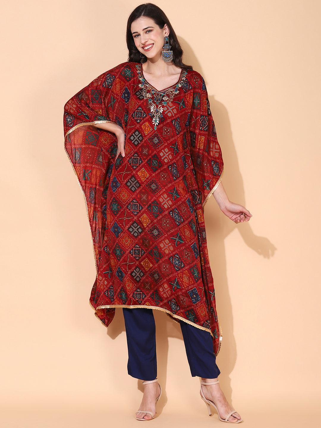 Ethnic Printed & Hand Embroidered Kaftan Midi Dress - Maroon - Indiakreations