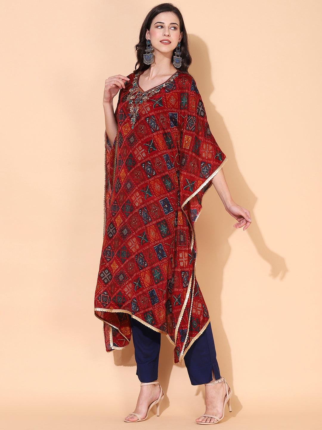 Ethnic Printed & Hand Embroidered Kaftan Midi Dress - Maroon - Indiakreations