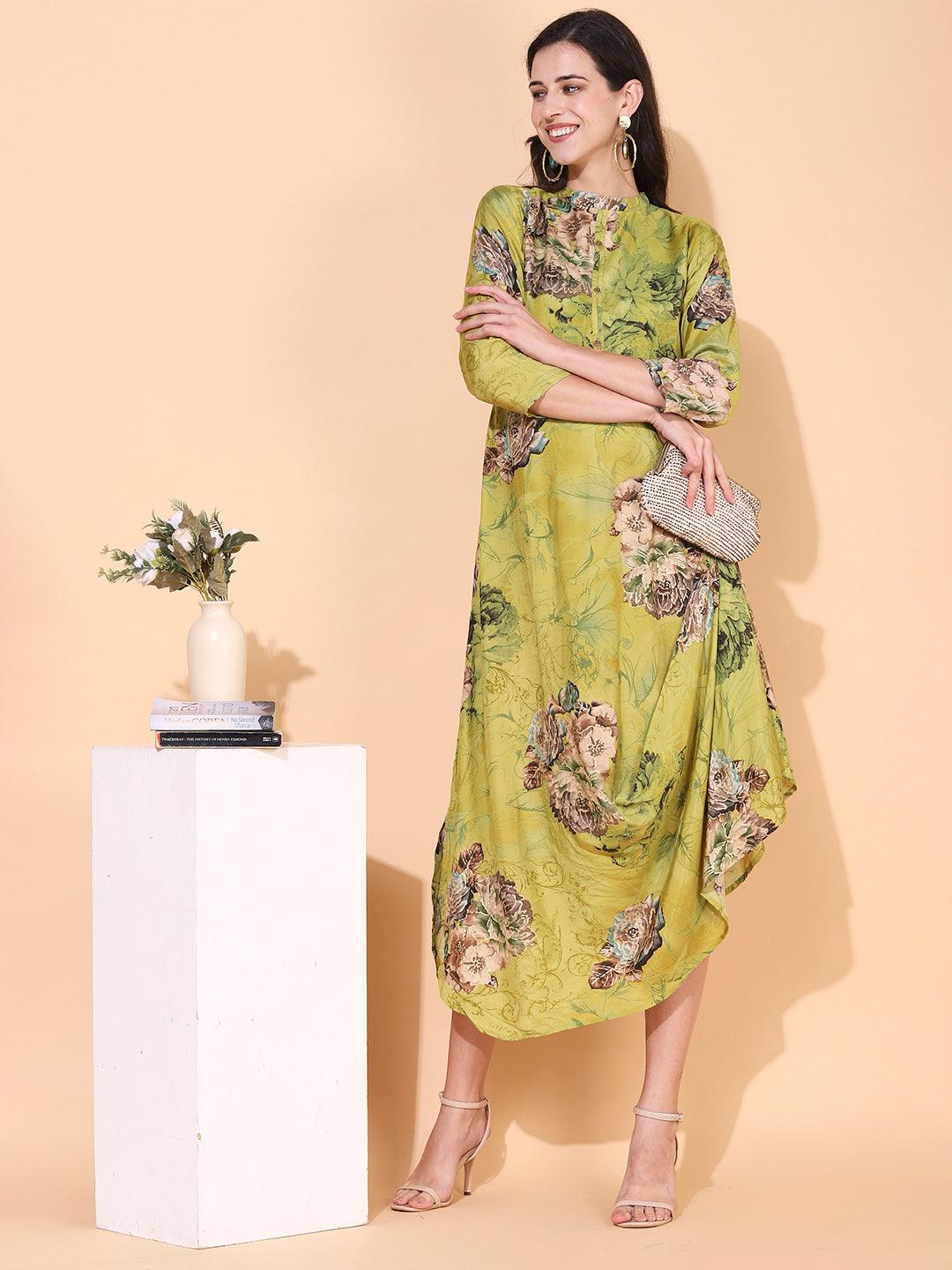 Floral Printed A-Line Cowl Maxi Dress - Pear Green - Indiakreations