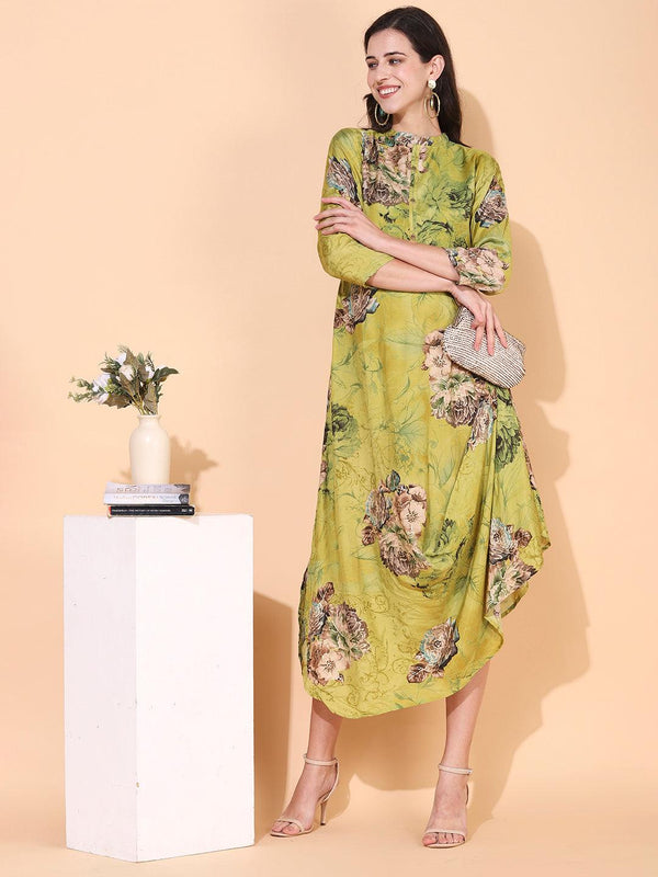 Floral Printed A-Line Cowl Maxi Dress - Pear Green - Indiakreations