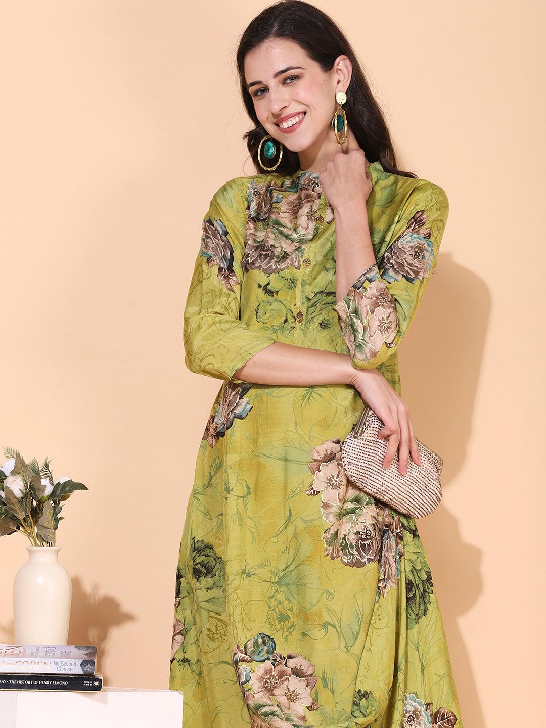 Floral Printed A-Line Cowl Maxi Dress - Pear Green - Indiakreations