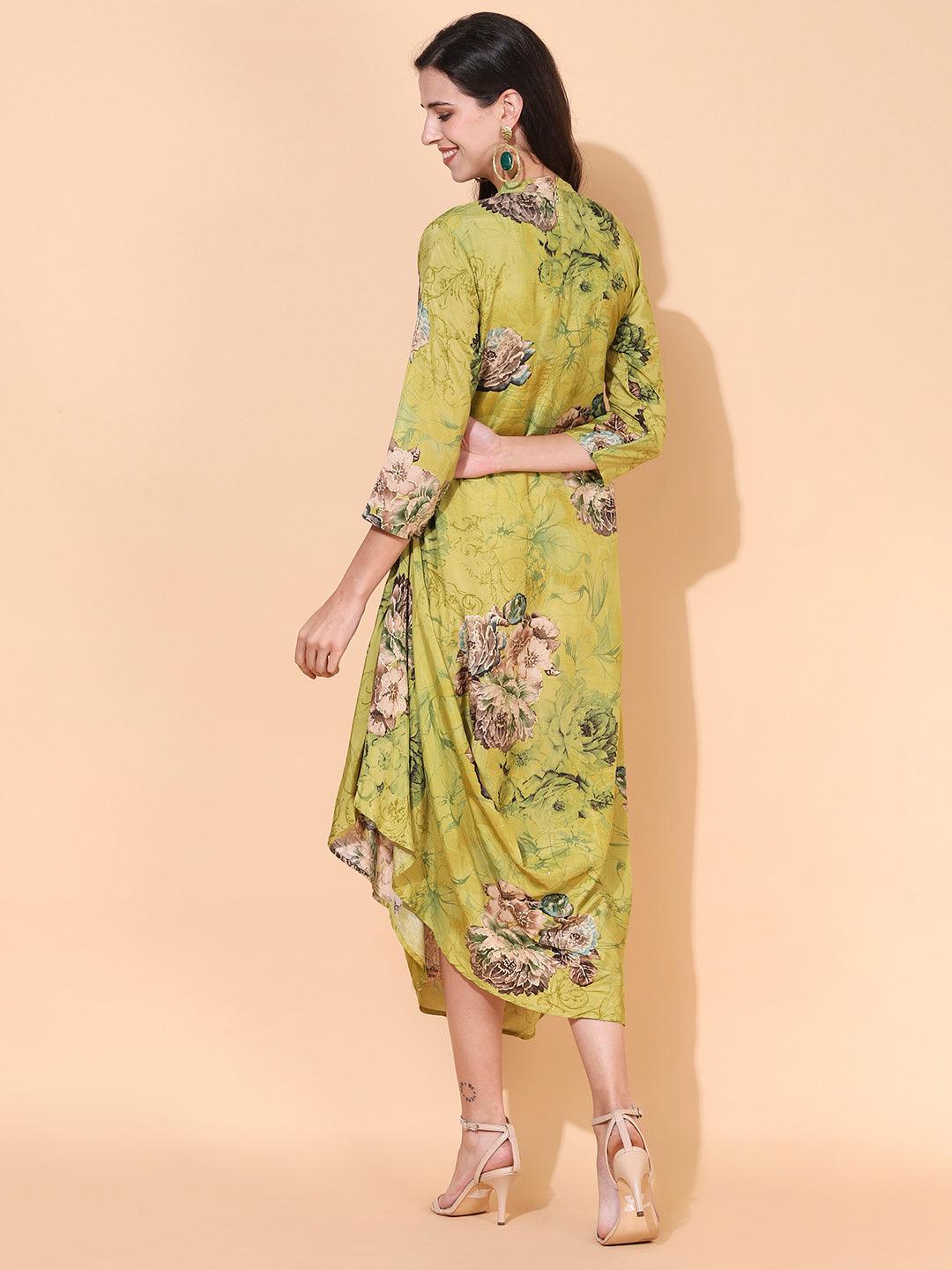 Floral Printed A-Line Cowl Maxi Dress - Pear Green - Indiakreations