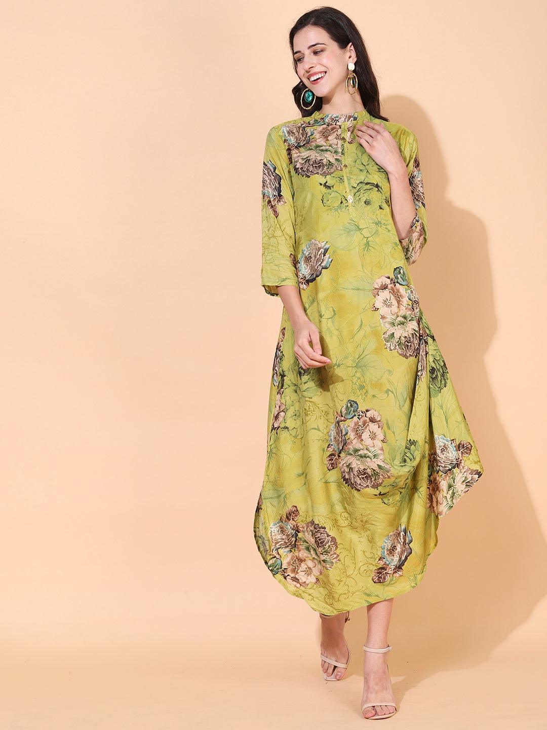 Floral Printed A-Line Cowl Maxi Dress - Pear Green - Indiakreations