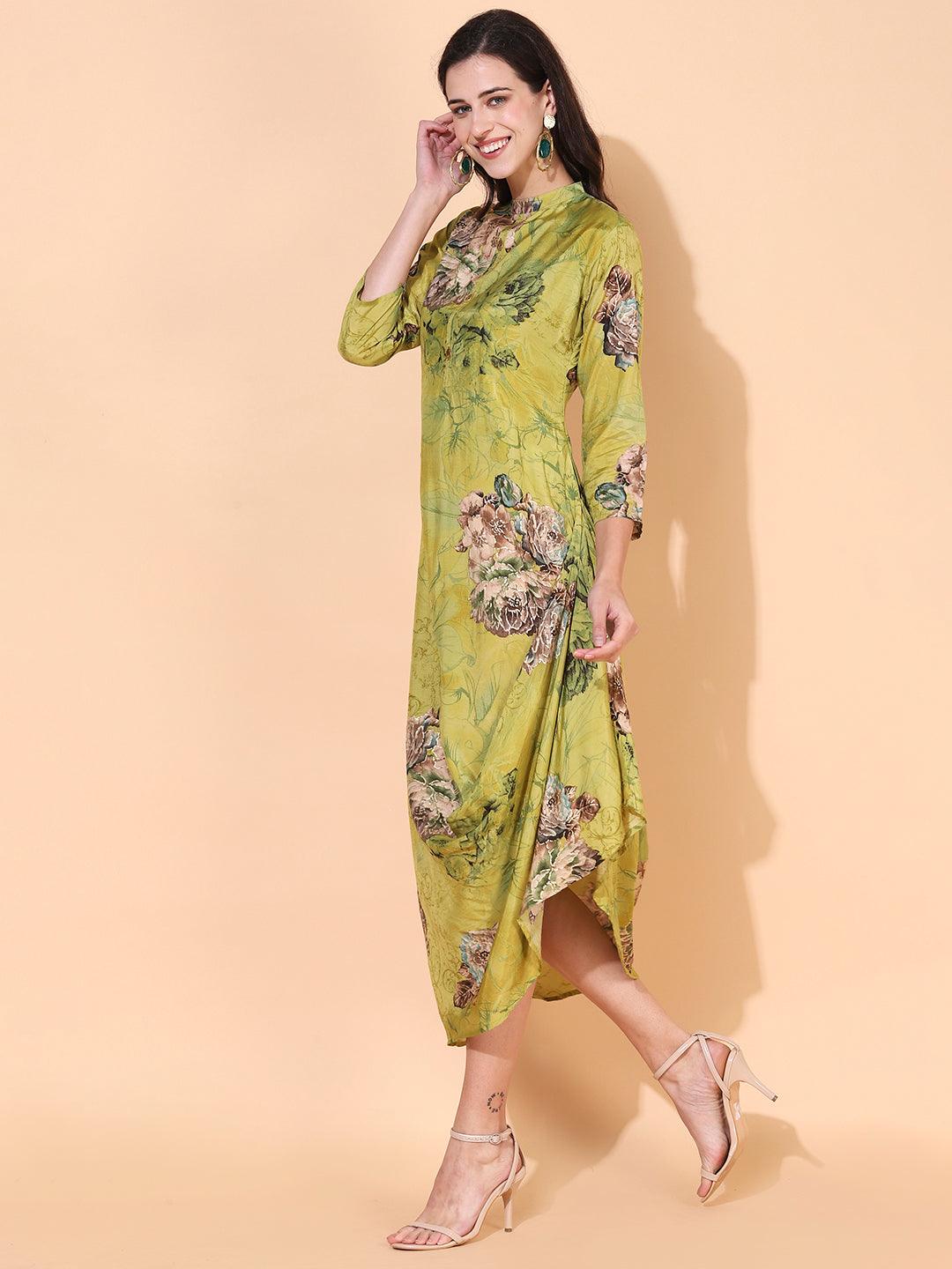 Floral Printed A-Line Cowl Maxi Dress - Pear Green - Indiakreations