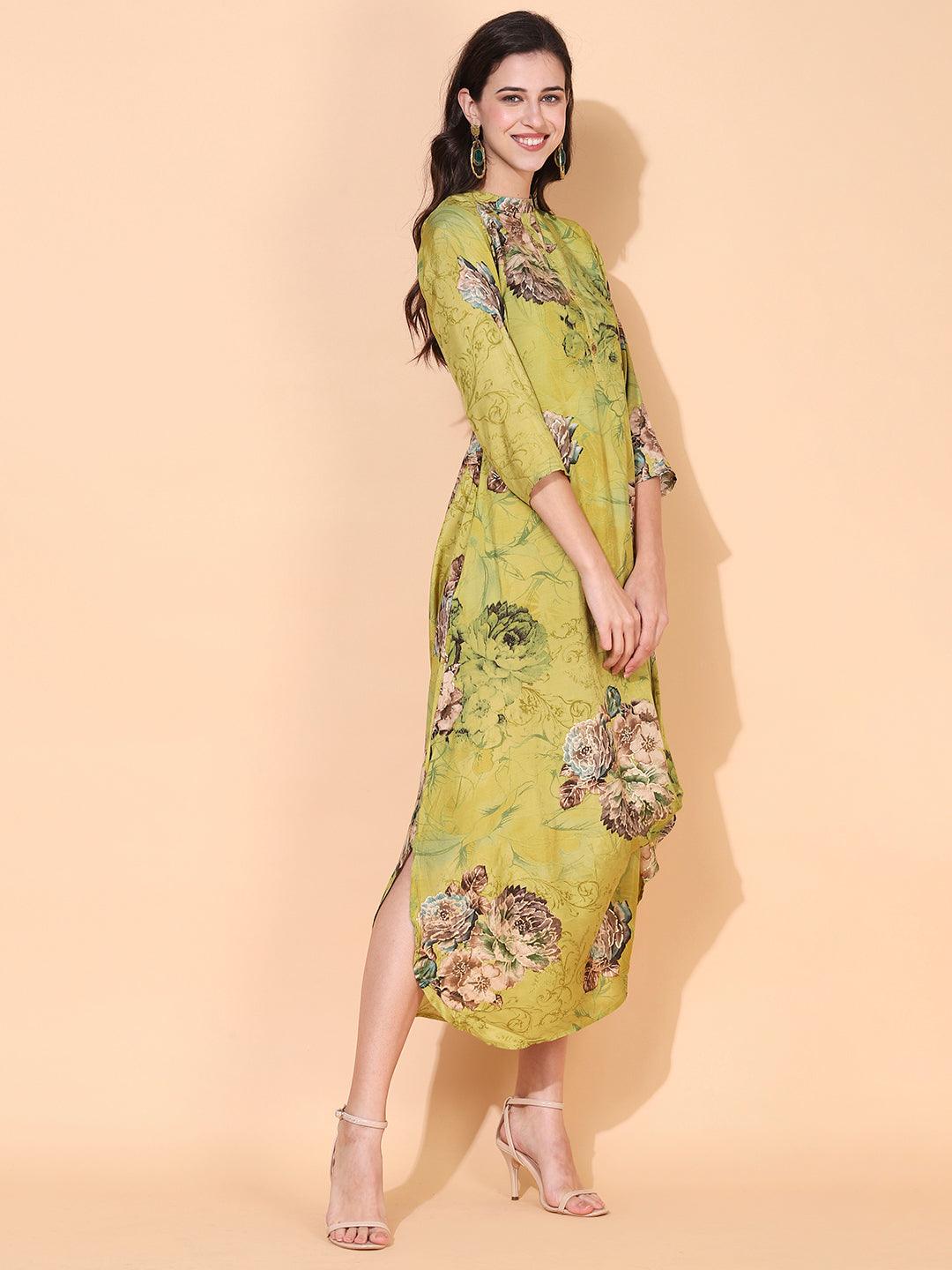 Floral Printed A-Line Cowl Maxi Dress - Pear Green - Indiakreations