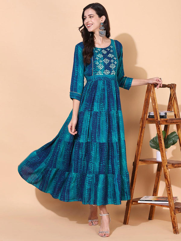 Tie - Dye Printed & Embroidered Tiered Flared Maxi Dress - Teal Blue - Indiakreations