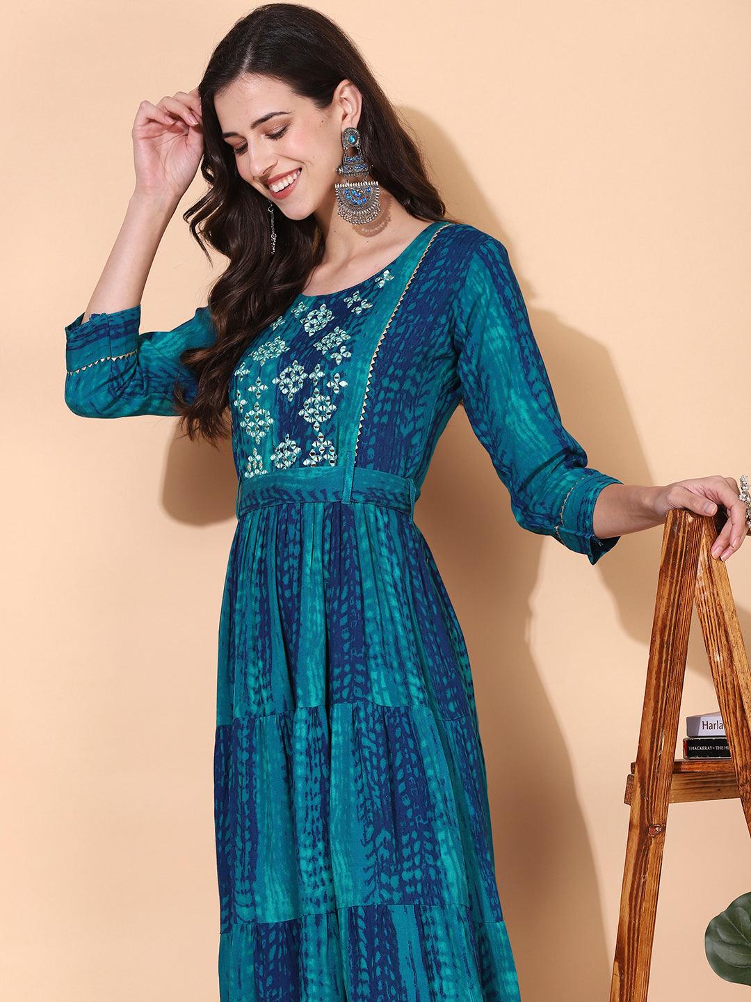 Tie - Dye Printed & Embroidered Tiered Flared Maxi Dress - Teal Blue - Indiakreations