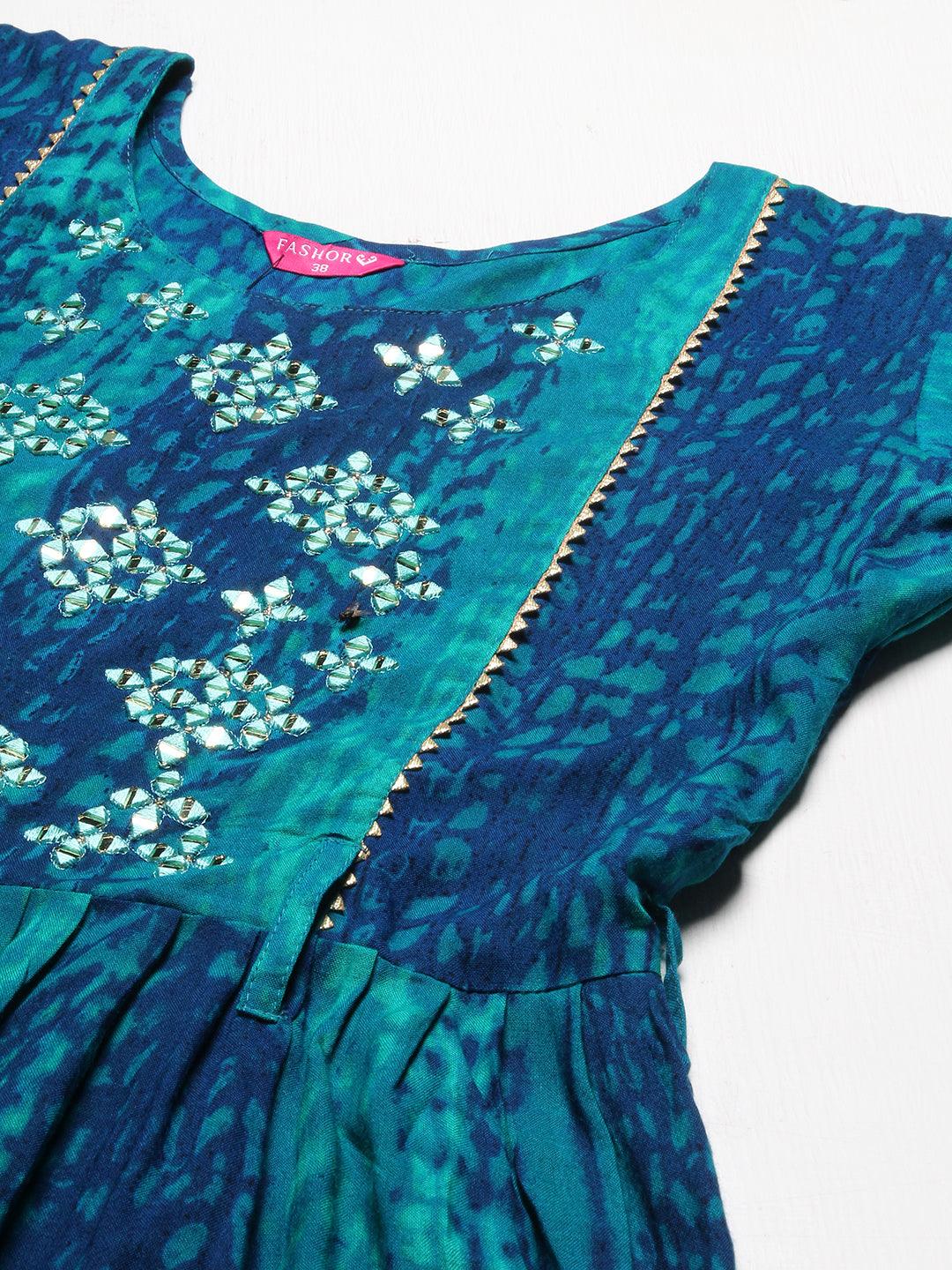 Tie - Dye Printed & Embroidered Tiered Flared Maxi Dress - Teal Blue - Indiakreations