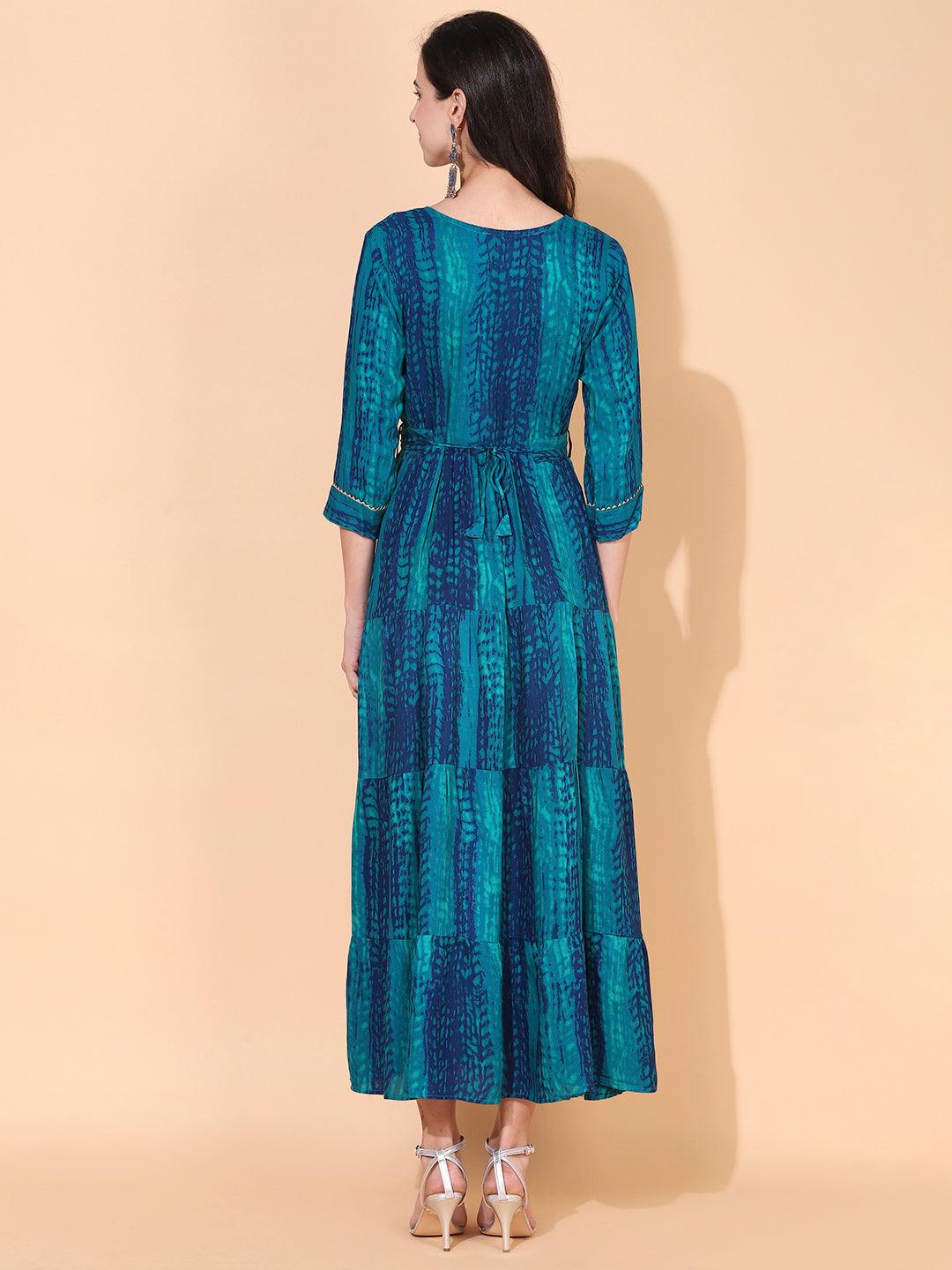 Tie - Dye Printed & Embroidered Tiered Flared Maxi Dress - Teal Blue - Indiakreations