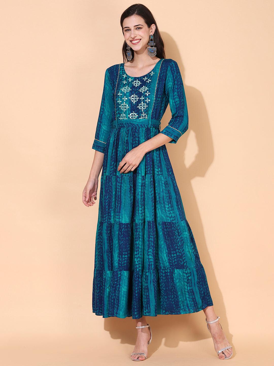 Tie - Dye Printed & Embroidered Tiered Flared Maxi Dress - Teal Blue - Indiakreations