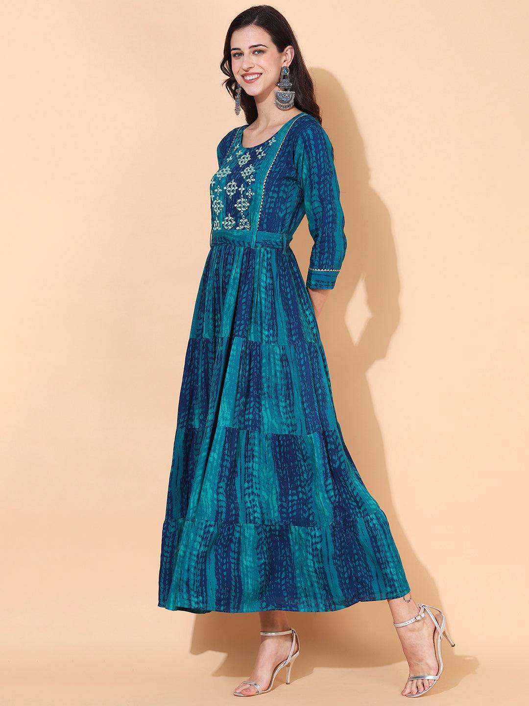 Tie - Dye Printed & Embroidered Tiered Flared Maxi Dress - Teal Blue - Indiakreations